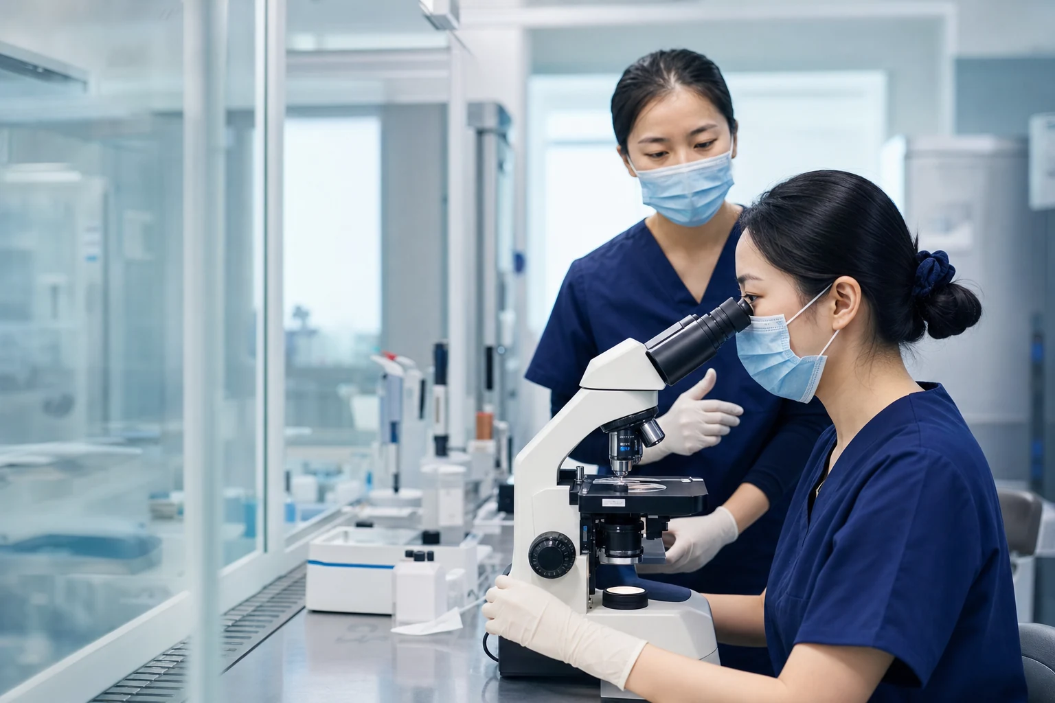 生殖医学实验室专业人员使用显微镜工作的情境